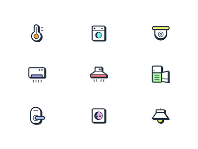 iOT Smart Device Icons 🏠 aircondition cam devices doornob dribbblers icondesign iconography iconpack icons iconset lightbulb plug refrigerator smartdeviceicons thermometer ui washingmachine