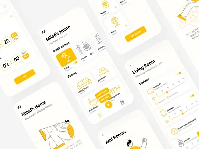 Smart Home App android app application design digital home illustraion illustration illustrator iphone lenagaik material material ui phone quick room smart smarthome ui yellow