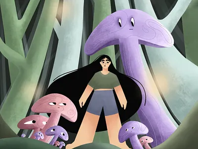 Mushroom Jungle 2d art 2d illustration character characterdesign cute character cute illustration digital illustration digital painting digitalart draw flat design flat illustration illustration illustrator jungle mushrooms storyteller storytelling woman illustration
