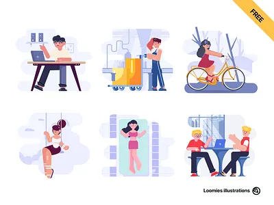 Loomies free illustration pack ai bicycle business character coworking factory figma free freebie illustrations pool relax seo sketch svg vector website