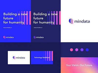 Mindata - identity system abstract ai artificialintelligence brain branding clever data flat gradient human icon identity intelligence intelligent letter logo mark minimal pattern typeface