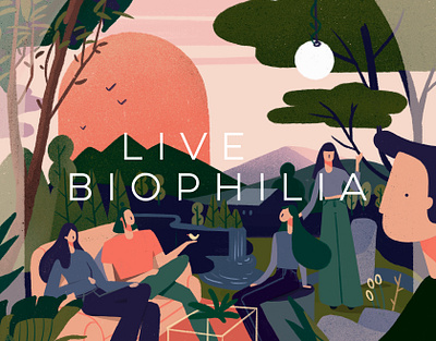 Live Biophilia - Illustrated Poster animals biophilia grain graphic home house illustration ipad landascape living mountain nature palette people pink procreate river texture tree house vector