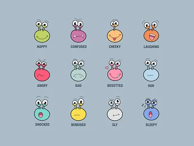 Emoji ideas angry bemused cheeky colorful emoji emojis faces fun happy huh illustration illustrations laugh laughing sad shocked sleepy sly