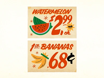 Market Signage banana female designer film design film prop fruit illustration grocery hand drawn hand lettering hand painted hand painted signs illustration lettering los angeles market retro signage store vintage design watermelon wes anderson