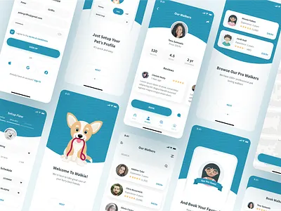 Walkie - Pet Walker Finder app blue book branding cat design dog filter illustration inspiration list pet ui ux vector walker walkie walking web white