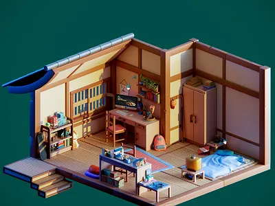 Diorama creator's bedroom 3d blender cartoon colourful diorama illustration isometric low poly lowpoly lowpolyart miniature render