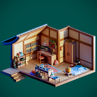 Diorama creator's bedroom 3d blender cartoon colourful diorama illustration isometric low poly lowpoly lowpolyart miniature render