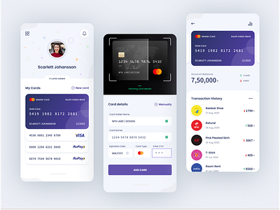 Credit/Debit Card at one place bank card design profile scan transaction ui ux