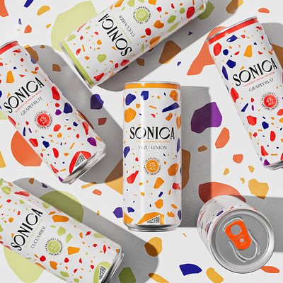 Sonica identity 3d beverage beverage logo branding can identity packaging pattern spain terazzo