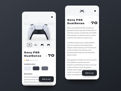 Gadget E-commerce Store. iOS Mobile App 3d add to cart android app dark design dualsense ecommerce gadget interaction interface ios light mobile online online store ps5 store ui ux