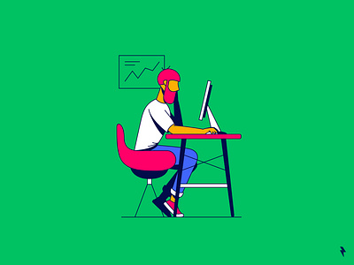 Freelance beard chair character computer desk desktop developer flat freelance guy illustration linework man monitor mouse table ux vector vintage work from home