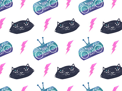 Retro Vintage Cats and Boomboxes boomboxes cats design illustration notebook pattern patterncollection printdesign repeat pattern retro stamping stationary stationaryset surfacepattern surfacepatterndesign vintage