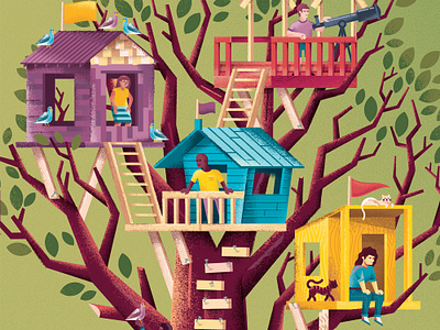 Treehouses bird cat community editorial illustration nature people pigeon stripe tech technology texture tree treehouse treehouses