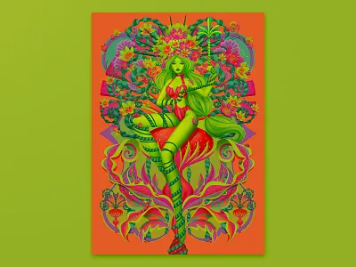 Details from 'Spring', 2020 bugs butterfly curls dragonfly floral flowers girl green illustration marianna orsho mariannaorsho orange psychadelic seasons spring woman