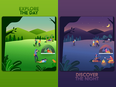 Camping Flat Illustration adobe adobe illustrator blue campfire camping day design digital illustration discover explore flat flat illustration illustration illustration art illustrator moon mountain night tent vector