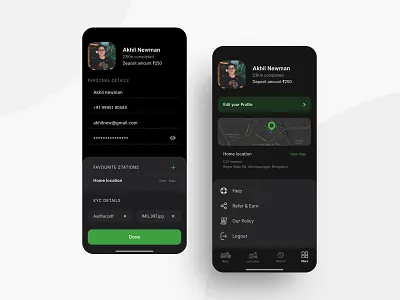 Rent an eScooter - Profile section ( dark theme ) adobe xd app design booking app design escooter flat interface micromobilty mobile mobile app mobility profile ui ui design uiux