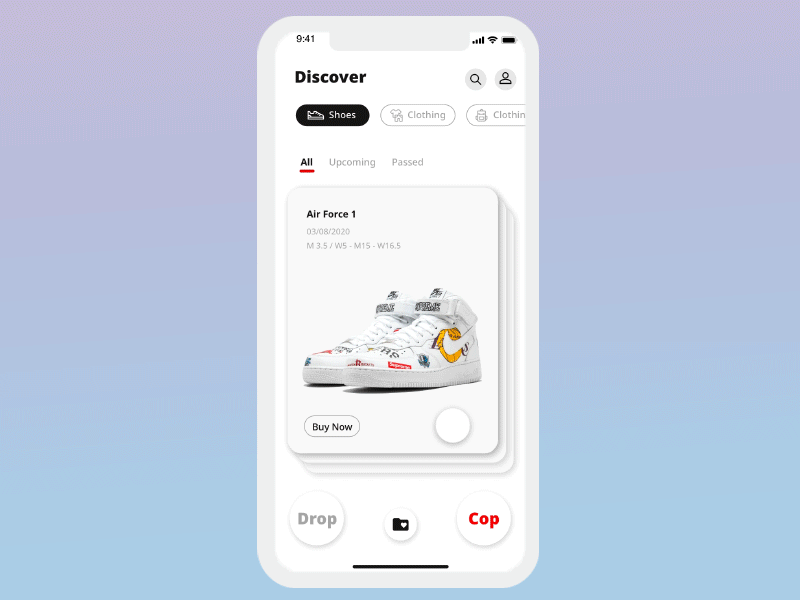 Cop or Drop adobe xd app auto animate ecommerce iphone photoshop sneakers swipe tinder ui