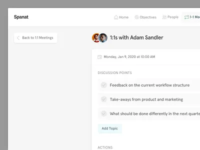 💬 1:1 Meetings in Spanat 1:1s agenda employee engagement hr meeting meetings one on one saas schedule spanat startup todo ui ux
