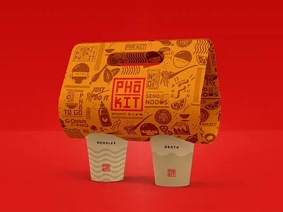 PhoKit Food Packaging branding agency eco friendly ecommerce food brand food branding food design food illustration food package food packaging design illustration package design pattern design pho branding red restaurant branding restaurant logo vectorart yellow