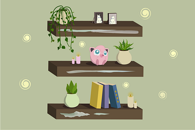 Sometimes it just has to be cute shelves adobe illustrator books candles cute illustration flat illustration interior jigglypuff plant illustration plants shelve vector