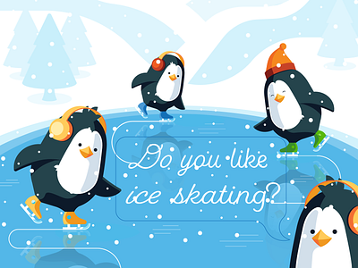 Ice skating flat ice illustration lake landskape penguin skating vector winter