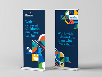 Children's Hospital Recruitment Banners banner banner design banners beaker branding bright career children childrens hospital colorful design employee recruitment employees hospital illustrations kids pattern pull up banner recruitment smile