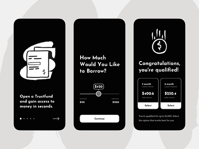 Trustfund - gain access to money in seconds. app bank banking black black and white borrow crypto currency dark finance financial fintech ios mobile mobile app mobile designer money money app money management money transfer