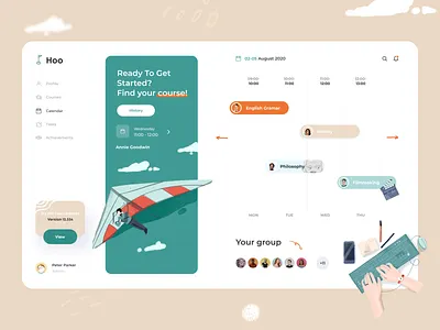 Courses Hoo Dashboard afterglow app branding calendar clean concept courses dashboard design illustration illustrations language app lessons minimal search social tasks ui usability ux