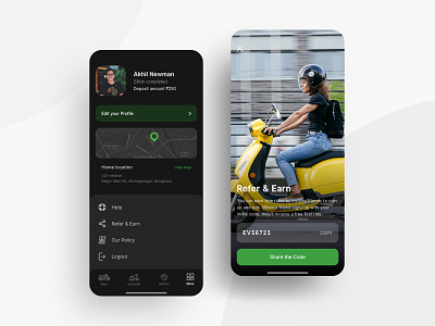 Rent an eScooter - Profile & Refer screen ( dark theme ) adobexd app app design booking app coupon code design escooter interface interface design micromobility mobile mobility profile page refer ui ui design uiux