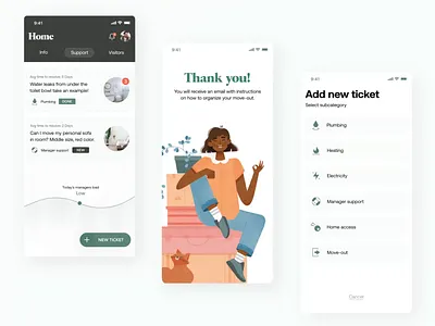 🎒 Support Move-out ticket flow android app application bags co living green heating illustration ios living living room lunar moving notification realestate roommate
