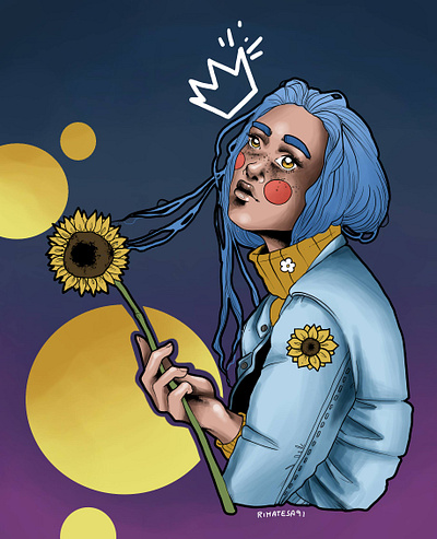 Girl with cyan hair and sunflower art digital digital art digitalart girl portrait illustration