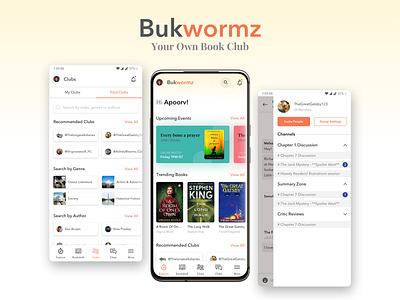 Book Club App - Bukwormz app design book design flat illustration minimal mobile reading ui ux