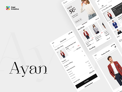Ayan - Fashion eCommerce App Design app banner capi cart check out clean layout confirm creative design detail e-commerce fashion home marketplace minimal mobile price product ui kit ux
