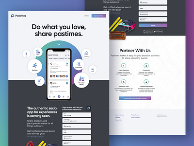 Pastimes Landing Page app branding circles form gradient landing page design share sign up topographic web design website design