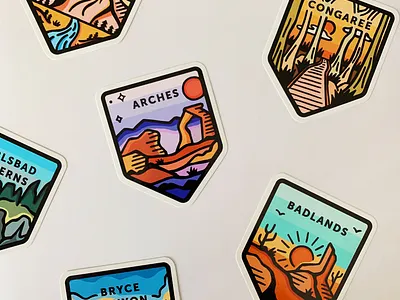 national park stickers for sale! arches badlands branding bryce canyon congaree decor design die cut stickers gift graphic design graphic illustration illustration national parks nature outdoors sale shop souvenir stickers yosemite