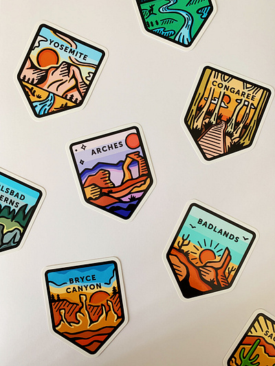 national park stickers for sale! arches badlands branding bryce canyon congaree decor design die cut stickers gift graphic design graphic illustration illustration national parks nature outdoors sale shop souvenir stickers yosemite