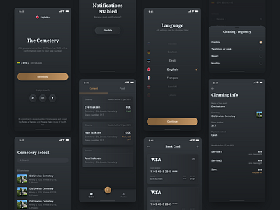 The Cemetery App app bankcard card categories cleaning dashboard info ios language list login notifications popup profile rip ui ux