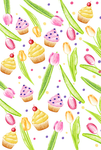 Yummy yummy colorful cupcake cupcakes cute cute illustration design flowers flowers illustration illustraion illustration illustration art nature pattern photoshop tulip watercolor