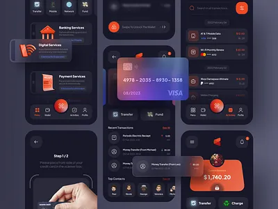 Finance Mobile App - Dark Mode🌙 3d accounting app bank banking card credit card dark mode finance finance app financial glass glassmorphism mobile mobile design money money transfer swap ui ux