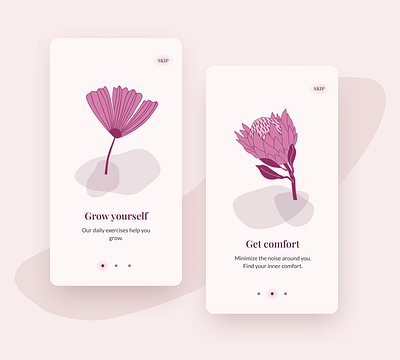 Calm app 2d art abstract app app design artwork blobs buttons clean concept flower illustration minimal mobile app navigation onboarding pattern art serif typography ui ui design