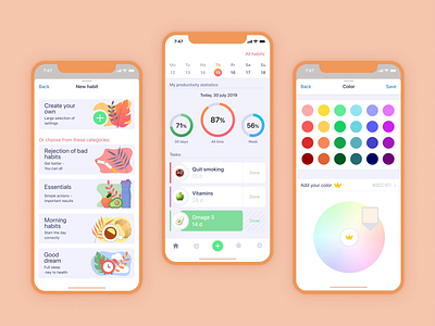 Habits app 🧡 aftereffects animated animation app calendar ui color picker dark theme ui design figma habits illustraion illustration ios mobile mobile app ui vector white theme