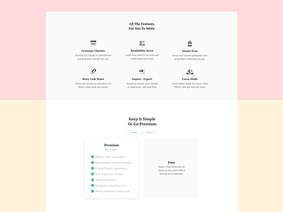Shosho — Website Features analytics dashboard export features features page focus mode grammar import links medium pricing pricing card pricing plan pricing plans saas share strategy writing writing app writing tool