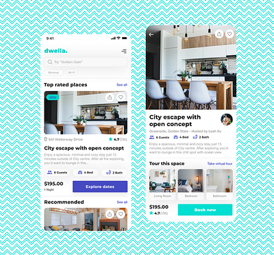 Dwella - Explore and Stay at great spaces! booking dailyui explore figma iphone mobile app rental room userexperience userinterface visual design