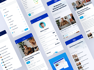 A peek at our mobile application blue branding clean content design dropdown layout learning lms mobile modal modern playful reports saas select simple ui web
