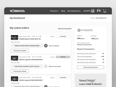 Multi game-code top-up purchase dashboard - Wireframes dashboard design game codes games interaction minimal multiple orders order status orders purchase top up transactions ui ux vouchers wireframes