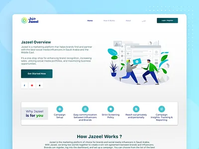 Jazeel app, influencer marketing app branding cards design how it works illustration landing landing page landingpage product design rewards app smart ui ux vector web web design webdesign website website design