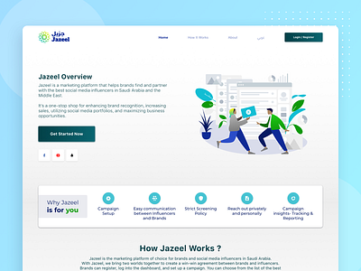 Jazeel app, influencer marketing app branding cards design how it works illustration landing landing page landingpage product design rewards app smart ui ux vector web web design webdesign website website design