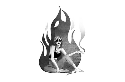 girl on fire blackandwhite fire girl illustraion illustration art texture