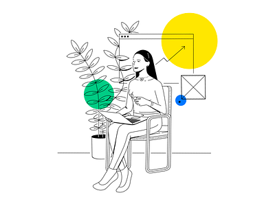 Untitled black chair clean design illustration laptop line plant procreate simple sitting tech white woman