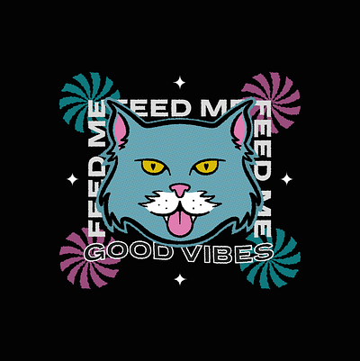 Feed Me Good Vibes black cat character depth hypnotic illustraion pink psychedelic retro t shirt design texture vector